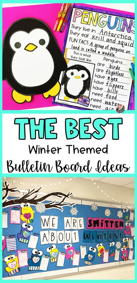 Create these fun winter theme bulletin board ideas with winter crafts! Your elementary students will love these easy winter crafts and art time and it makes a great bulletin board idea for January. Pick your favorite of 6 different ideas and some include writing activities too! This way you can show off your students work as well. Find out more here. Best Bulletin Board Ideas, Penguin Classroom Theme, January Bulletin Board Ideas, Student Work Bulletin Board, December Bulletin Boards, Writing Bulletin Boards, Wonderland Crafts, Holiday Bulletin Boards, Work Bulletin Boards