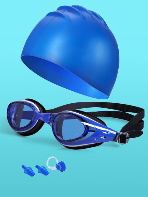 Blue    Silicone Plain Swimming Cap,Goggles,Ear Plug & Nose Clip Embellished   Sports Equipment Field Hockey Shin Guards, Superhero Outfits, Swimming Glasses, Swimming Cap, Swim Goggles, Swim Cap, Super Hero Outfits, Nose Clip, Shin Guards