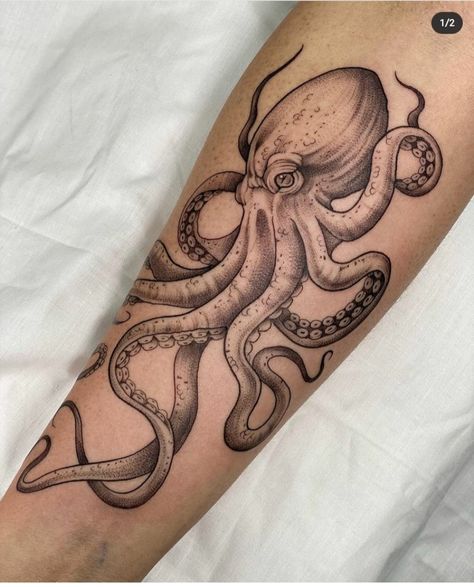 otopus tattoo designs Octopus Tattoo Designs, Calf Tattoo Ideas, Octopus Tattoo Sleeve, Thigh Tattoo Men, Kraken Tattoo, Squid Tattoo, Black Line Tattoo, Left Arm Tattoos, Octopus Tattoo Design