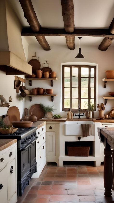 Discover the rustic charm of this South African kitchen. 🏡 Whitewashed walls, dark beams & a thatched roof create a cozy backdrop for antique wood & modern white cabinets. 🧱 Terracotta floors & a wrought-iron chandelier add warmth. 📌 Pin for a global, inviting space! White Dark Brown Kitchen, Rustic Kitchen Interior, Black And Terracotta Kitchen, South African Kitchen Design, African Kitchen Design, Rustic Spanish Kitchen, Terracotta Floor Kitchen, Italian Kitchen Aesthetic, Kitchen With Terracotta Floor