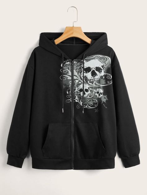 Preto Casual Collar Manga Comprida Tecido Halloween Fecho de Correr Embellished Elasticidade Baixa  Moletons para Mulheres Grunge Jacket, Skull Clothing, Women Sweatshirts, Stylish Sweaters, Vibe Clothes, Skull Print, Drawstring Hoodie, Zip Up Hoodie