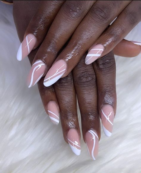 White Tip Almond Nails With Design, Almond Nails With White Design, Md Nails, Black White Nails, Swirl Nails, Unique Acrylic Nails, White Tip, Wedding Board, Mani Pedi