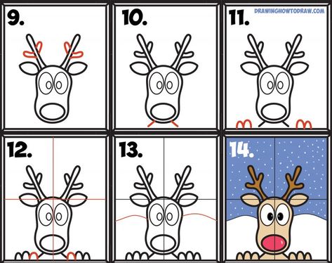 Learn How to Draw Rudolph the Red Nosed Reindeer Looking in Window Simple Steps Drawing and Art Lesson for Kids on Christmas Steps Drawing, Trin For Trin Tegning, Reindeer Drawing, Easy Christmas Drawings, Christmas Window Painting, Christmas Art Projects, Window Drawing, Directed Drawing, Christmas Doodles