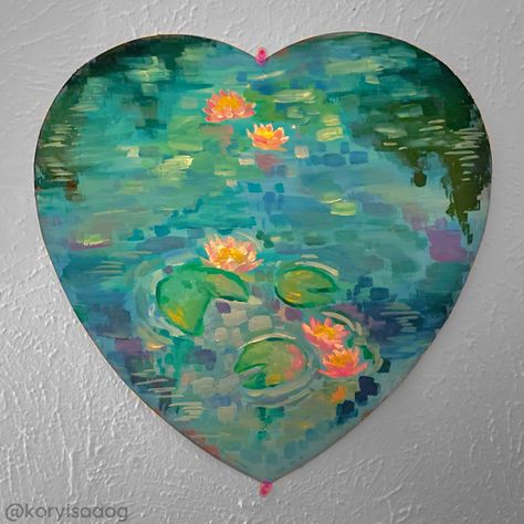 Super colorful gouache impressionist painting of lily pads in a pond on a lid of a valentine’s day chocolate box. I did this a few days ago and am absolutely in love with it. Painting Lily Pads, Lily Pad Painting, Lily Pad Pond, Pond Painting, Painting References, Leaf Drawing, A Pond, Lily Pads, Painting Ideas