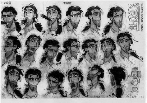 Film: THE ROAD TO EL DORADO ===== Character Design: Tulio (Expressions) The Road To El Dorado, Road To El Dorado, Expression Sheet, Bd Art, Animation Character, Character Model Sheet, Disney Concept Art, Model Sheet, Drawing Expressions