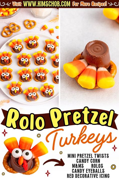 Mini pretzel turkeys with candy corn, M&amp;Ms, Rolos, and candy eyeballs, displayed on a white background. Rice Krispie Turkey With Candy Stuffing, Easy Thanksgiving Food For Kids, Turkey Pretzels Thanksgiving, Thanksgiving Appetizers Kids, Thanksgiving Kids Recipes, Easy Thanksgiving Snacks For Kids, Kid Friendly Thanksgiving Food, Thanksgiving Kids Treats, Thanksgiving Appetizers For Kids