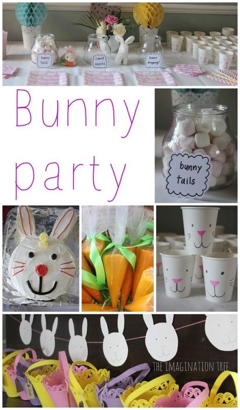 Gorgeous bunny birthday party for kids Easter Themed Birthday Party, Bunny Birthday Theme, Bunny Decorations, Easter Birthday Party, Easter Bunny Treats, Bunny Theme, Bunny Birthday Party, Paper Bunny, Imagination Tree