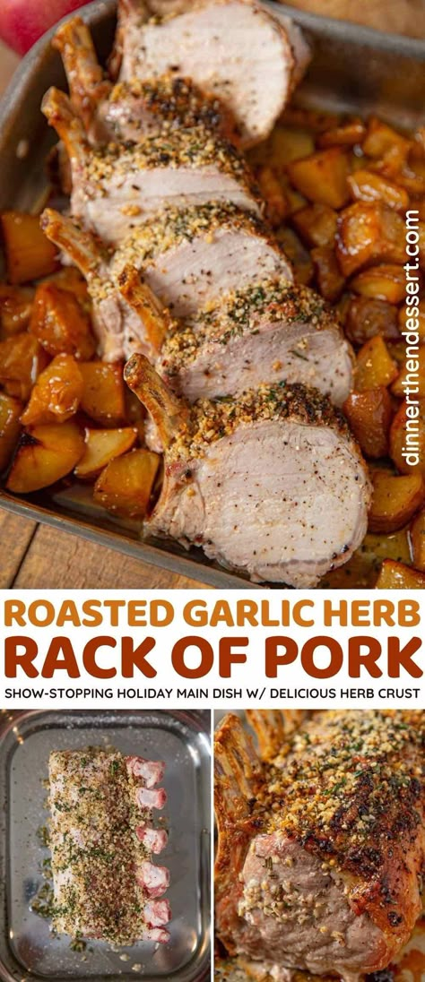 Roasted Rack of Pork is a show-stopping, holiday main dish crusted with garlic, fresh thyme and rosemary or use boneless pork loin for easy weeknight meals. #dinner #pork #porkribs #roastedgarlic #garlic #dinnerthendessert Pork Loin Rack Roast, Pork Rack Recipe, French Rack Of Pork, Frenched Pork Rack Roast, Pork Rack Roast Recipes, French Pork Rack Roast, Bone In Pork Loin Roast Recipes, Rack Of Pork Recipes, Pork Ribeye Roast