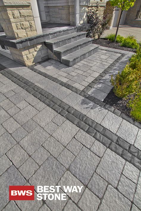 Best Way Stone > Paver: Strada Nova (grey mix) // Accent: Corso (Ultra Black) #outdoor #landscape #design #entrance available at our store at 3500 Mavis Rd, Mississauga, ON L5C 1T8 Grey And Black Patio Pavers, Landscape Design Entrance, Front Walkway Landscaping, Design Entrance, Pavers Design, Outdoor Landscape Design, Interlocking Pavers, Walkway Landscaping, Concrete Patios