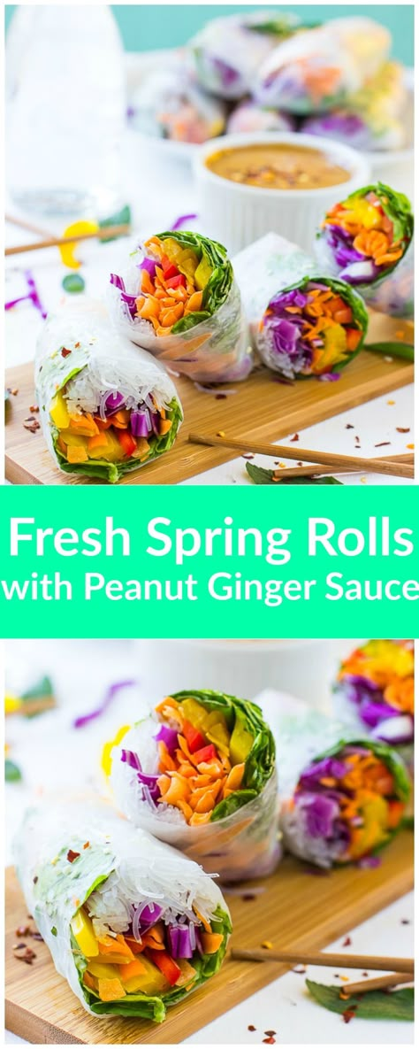 These Fresh Spring Rolls are a colorful, crunchy vegan meal that are perfect for a light lunch, dinner or appetizer! They are served with an amazing Peanut Ginger Sauce and are gluten free! Party Appetizers Vegan, Appetizers Vegan, Vegan Spring Rolls, Homemade Peanut Sauce, Summer Appetizers Easy, Fresh Spring Rolls, Ginger Sauce, Summer Appetizer, Vegan Meal