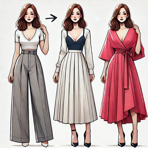 Triangle Outfit, Baggy Linen Pants, Triangle Outfits, Flare Skirts, Inverted Triangle Outfits, Fashion Model Sketch, Model Sketch, Color Combos Outfit, Fashion Drawing Sketches