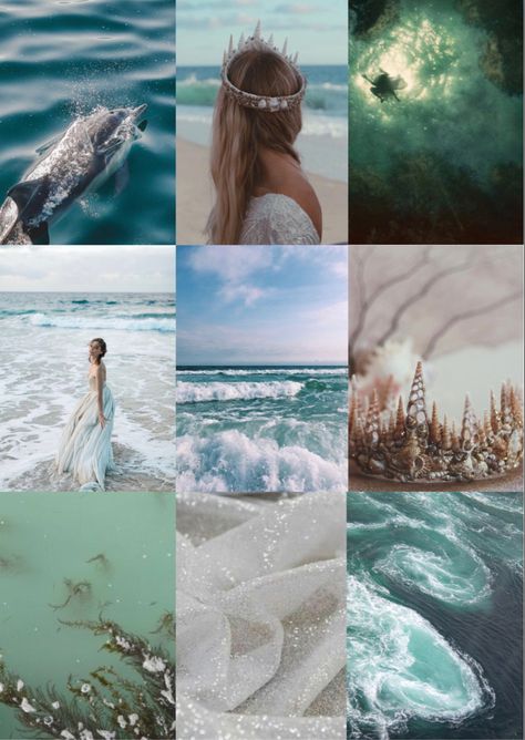 Amphitrite greek goddess of the sea aesthetic inspiration mood board mythology Sea Goddess Aesthetic, Amphitrite Aesthetic, Siren Concept, Amphitrite Goddess, The Sea Aesthetic, Greek Goddess Aesthetic, Moon Witchcraft, Royal Core Aesthetic, Sea Collage