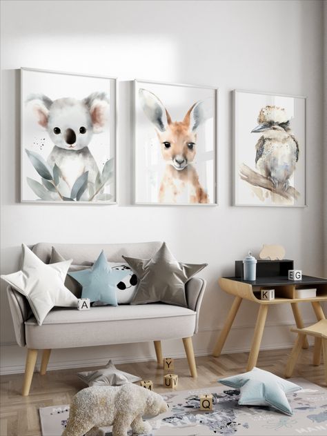 Charming Australian Animal Watercolour Prints, the perfect addition to any baby nursery or young child's room. This delightful set of three features watercolour illustrations of the cutest baby animals - a playful Kangaroo, a curious Kookaburra, and a cuddly Koala ♥ Wall Prints ♥ Digital Download Available Kangaroo Nursery, Australian Themed Nursery, Australiana Nursery, Baby Nursery Artwork, Australian Native Animal Nursery, Koala Bedroom, Nursery Australian Animals, Koala Room Decor, Australian Animal Nursery