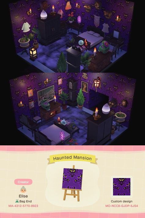 Acnh Haunted Mansion Code, Haunted Mansion Animal Crossing, Acnh Haunted Mansion, Bedroom Animal Crossing, Animal Crossing Spooky Island, Animal Crossing Halloween Designs, Acnh Gothic Island, Acnh Gothcore, Creepy Island