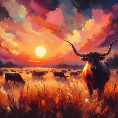 10x10, 12x12, 16x16, 20x20, Longhorn, Texas, County, Koe, vee, veeteelt, acryl, Giclee print, Fine Art, Zonsondergang, Cowboy, Cowgirl Texas Longhorn Painting, Sunset Cowboy, Cow Photography, Space Cowboy, Cattle Ranching, Art Sunset, Space Cowboys, Kid Art, Adult Crafts