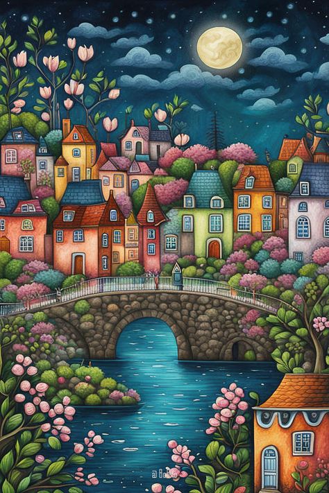 Enchanting Spring Landscapes of Whimsical Cities Dream World Painting, Whimsical Art Style, My Dream World Drawing, Easy Eyebrows, Spring Landscapes, Teenage Friends, Whimsical Art Paintings, Naive Painting, Philosophers Stone