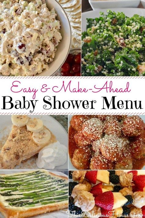 Baby Shower Menu. Complete make-ahead, easy, budget-friendly, stress-free Baby Shower menu complete with recipes and food. #brunchmenu #babyshowermenu Baby Shower Food Menu, Baby Shower Lunch, Baby Shower Brunch Food, Bridal Shower Menu, Baby Shower Menu, Appetizer Menu, Trendy Baby Shower Ideas, Food Appetizers, Appetizers Recipes