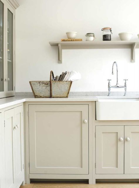 Choosing a Kitchen Cabinet Color - Plank and Pillow Farmhouse Kitchen Cabinet, Farrow And Ball Kitchen, Kitchen Cabinet Design Ideas, Classic Kitchen Cabinets, Kitchen Shades, Cabinet Design Ideas, Cream Kitchen Cabinets, Farrow & Ball, Maria Killam