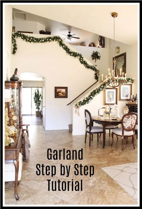 Christmas Stair Garland – Step by Step Tutorial | Hometalk Stairs Without Railing, Stair Garland, Christmas Garland On Stairs, Christmas Stairs, Garland Ideas, Stair Wall, Staircase Wall, Hanging Garland, Southern Home