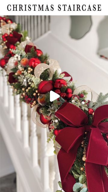 Anna King on Instagram: "#ad I’m officially welcoming guests into my home this Christmas with this extravagant staircase garland I created using the @bluediamond.homeandgarden Christmas range!  This year my theme is all about the fruits & berries & rich colours that remind you of a stately home Christmas! I had so much fun shopping @bluediamond.homeandgarden & was truly spoilt for choice! The most magical part for me is these led cluster lights that took my garland to the next level!  I’ve always wanted to adorn out staircase with a huge garland for the Christmas season so I decided to go big! I will be sharing a more detailed tutorial on how I created this in stories, so don’t miss it!  MY TOP TIPS: ✨Twist 2 or 3 garlands together to create a fuller look ✨Add lights before attaching to yo Traditional Christmas Staircase, Red And White Christmas Staircase, Christmas Stair Case Ideas, Garland With Ribbon Christmas, Garland Christmas Ideas, Newel Post Christmas Decorations, Christmas Decoration On Stairs, Red Gold White Christmas Decorations, Christmas Decor With Garland