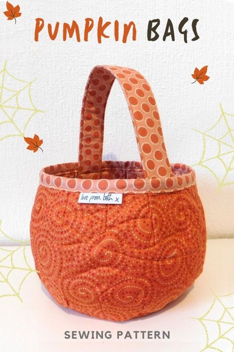 Pumpkin Bags sewing pattern. These are great for Halloween trick or treating, however, they can of course be used as storage around the house all year round. Fabric pumpkins to sew. Fabric basket sewing pattern in the shape of a pumpkin for Halloween decorations. SewModernBags Trick Or Treat Bags Diy Sewing Patterns, Diy Halloween Basket, Sewing A Purse, Orange Paper Craft, Halloween Bags Diy, Bags Sewing Pattern, Halloween Sewing Patterns, Gifts To Sew, Basket Sewing Pattern