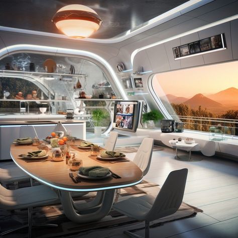 Scifi Kitchen, Studio Apartment Modern, Futuristic Cafe, Futuristic Dining Room, Futuristic Room Design, Playful Interior Design, Futuristic Architecture Home, Cyberpunk Interior Design, Futuristic Kitchen Design