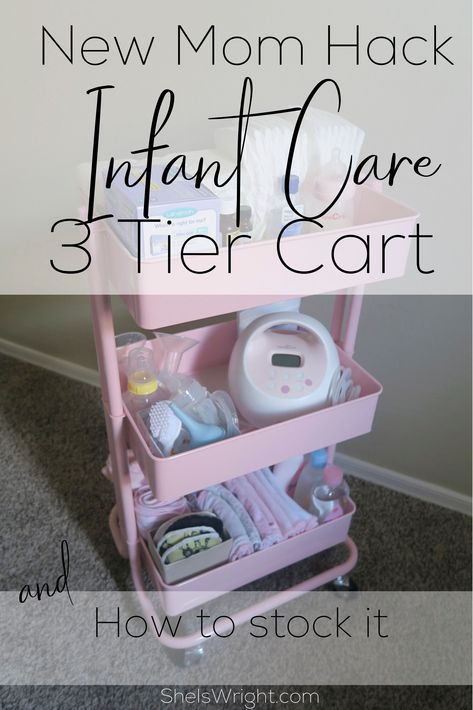 Use a 3 tier craft cart to keep your baby supplies organized. Great to keep breastfeeding and diapering supplies within arms reach Nursery 3 Tier Cart, Nursing Cart Organizer Ideas, 3 Tier Cart Post Partum, Pumping Station Cart, Nursery Caddy Cart, 3 Tier Rolling Cart Ideas Baby, Baby Cart Organizer, Cart For Baby Supplies, 3 Tier Cart Organization Baby