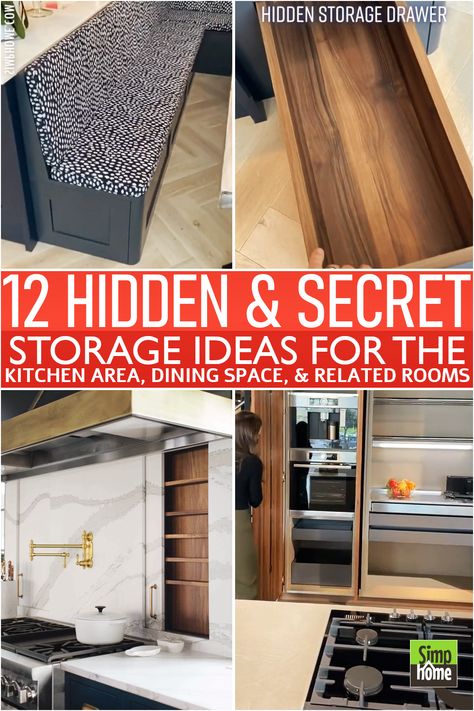 Find 12 Hidden and Secret Storage for the Kitchen for you HomeMakeover Hideaway Cabinet Kitchen, Small Kitchen Hidden Storage, Hidden Shelving Ideas, Hidden Kitchen Counter Storage, Hideaway Table Kitchen, Hide Kitchen Counter Clutter, Hidden Storage In Closet, Backsplash Hidden Storage, Clever Home Storage Ideas