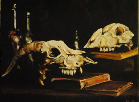 Dark Still Life, Painting Study, Still Life Paintings, Life Paintings, Still Life Oil Painting, Art Theme, Animal Skulls, Painting Edges, Complementary Colors