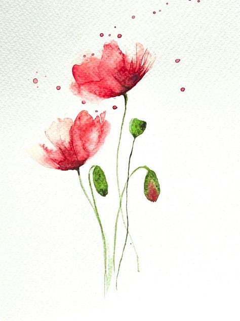 Poppies Drawing Simple, Drawings Of Poppies, Poppy Drawing Simple, Watercolor Poppy Tattoo, Simple Watercolor Flowers, Loose Watercolor Flowers, Sap Green, Poppies Tattoo, Red Water