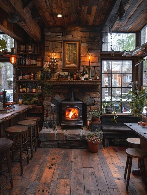 Hobbit Office, Tavern Decor, Cabin Interior Design, Cottagecore Home, Cozy Coffee Shop, Apartment Makeover, Living Place, Dark Home Decor, Book Room