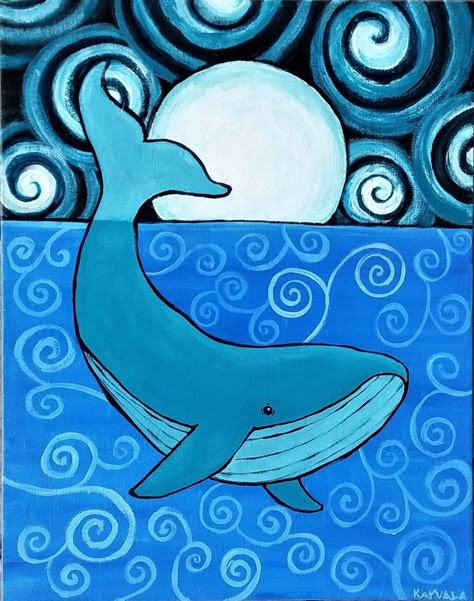 Framed Original Acrylic Whale Painting, Stylized Whale Painting, Blue Whale Painting, Canvas Whale Painting, Contemporary Coastal Art - Etsy Painting On Blue Canvas, Child Painting Ideas For Kids, Whale Art For Kids, Whale Painting Easy, Whale Painting Acrylic, Blue Painting Ideas Easy, Blue Whale Painting, Blue Painting Ideas, Water Painting Ideas