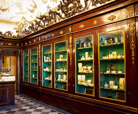 Destination Florence - Destination Florence Barber Shop Interior, Interior Stair Railing, Pharmacy Design, Herbal Apothecary, Apothecary Bottles, Ornate Furniture, Interior Stairs, Step Inside, Traditional Architecture