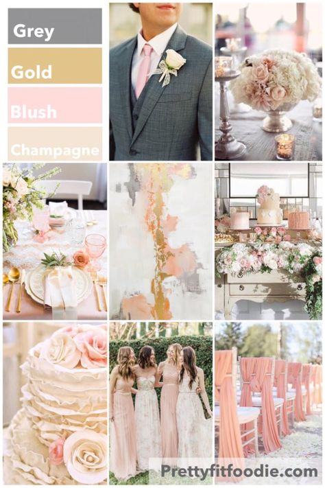 Grey, Blush, Gold, Champagne Wedding Inspiration Vintage Wedding Colors, Champagne Wedding Colors, Wedding Themes Spring, Wedding Flutes, Champagne Bridesmaid Dresses, Champagne Bridesmaid, Spring Wedding Colors, Blush Pink Weddings, Wedding Theme Colors