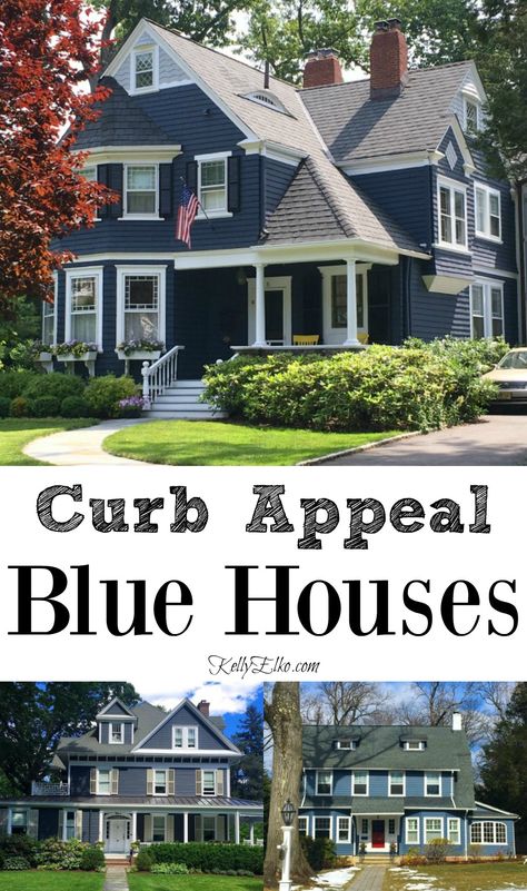 Dark Blue Siding House White Trim, Landscaping Blue House, Shutter Colors For Blue House, Blue House Curb Appeal, Dark Blue Houses With White Trim, Navy Blue House Landscaping, Blue House Paint Colors, Medium Blue Exterior House Colors, Dark Blue House Exterior With Wood Farmhouse