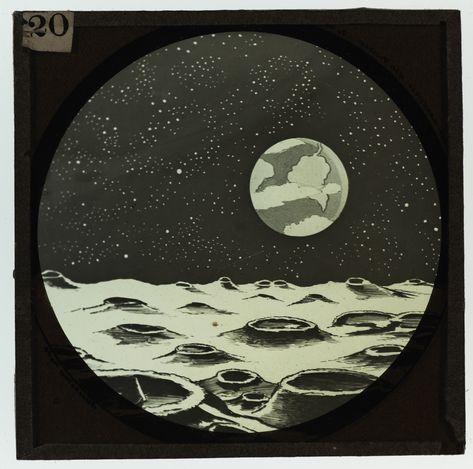 Illustrated round image of surface of moon with view of Earth in distance surrounded by stars. Details of craters of moon visible in foreground. Positive lantern slide by Clement Lindley Wragge (1852-1922). No known copyright restrictions. #space #galactic #scifi #scifiretro #cosmos #outerspace Drawing Of Moon, Moon Surface, Memorial Museum, Outer Space, Cosmos, Sci Fi, Moon, Stars, Drawings