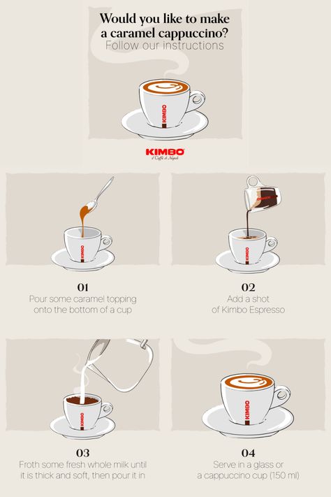 Would you like to make a caramel cappuccino? Follow our instructions. #Kimbo #cappuccino #tips #coffee #illustratedcoffee Caramel Cappuccino, Pour Art, Pouring Art, Coffee Addict, Cappuccino, Cooking And Baking, Caramel, Cooking Recipes, Baking