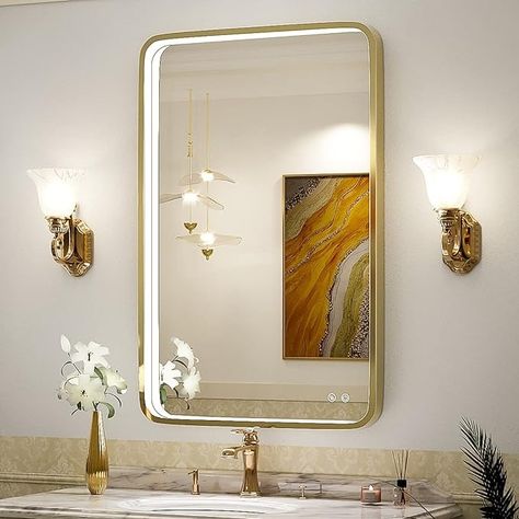 Amazon.com: FTOTI 24x36 Inch LED Bathroom Vanity Mirror with lights,Wall Mounted Lighted Mirrors with Non-Rusting Gold Metal Frame Anti-Fog Memory Funtion Stepless Dimmable for Bathroom Decor(Horizontal&Vertical) : Home & Kitchen Master Bath Mirror, Fogless Mirror, Lighted Mirrors, Vanity Mirror With Lights, Gold Frame Wall, Lighted Vanity Mirror, Bathroom Mirror Lights, Lights Wall, Led Bathroom