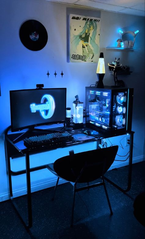 Black Furniture Aesthetic, Dark Cybercore Room, Futuristic Room Aesthetic, Cybercore Room, Small Room Setup, Dark Blue Rooms, Ocean Room Decor, Tech Room, Blue Room Decor