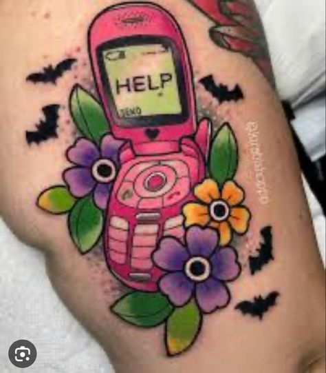 Flip Phone Tattoo, Phone Tattoo, Austin Tattoo, Horror Movie Tattoos, Bright Tattoos, Texas Tattoos, Bat Tattoo, Drawing Sculpture, Female Tattoo Artists