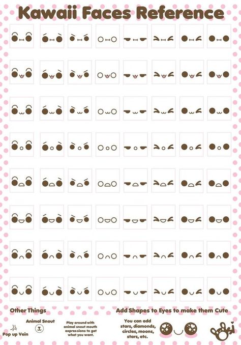 Kawaii Eyes Faces Reference, Kawaii Faces, Face Reference, Kawaii Doodles, Animal Faces, Drawing Tutorials, Kawaii Drawings, Japanese Design, Kawaii Art