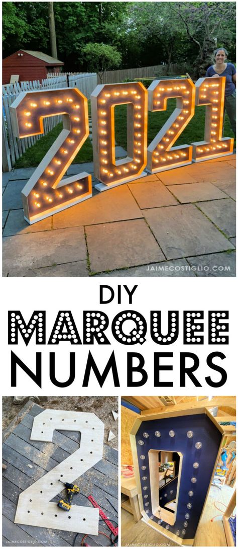 Graduation Marquee Signs, Diy Letter Lights Marquee Sign, How To Build Marquee Letters, How To Make Large Marquee Letters, Diy Marquee Letters Wood, Sweet 16 Marquee Numbers, Diy Giant Numbers With Lights, Diy Large Yard Letters, Event Venue Lighting