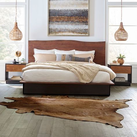 This platform bed frame has a live edge headboard fashioned from acacia wood featuring uneven edges along the top. The dark brown finish of the floor-to-mattress base provides a nice contrast to the raw look and feel of the headboard. Live Edge Headboard, Live Edge Bed, Queen Bed Dimensions, Casual Bedroom, Live Edge Furniture, Bed Dimensions, Wood Bed Frame, Wood Bed, Wood Platform Bed