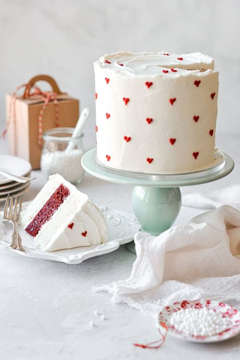 Red and White Valentine's Day Cake with Mini Hearts - Curly Girl Kitchen Mini Torte, White Cake Recipe, Torte Cupcake, Red Cake, Mini Cakes Birthday, Valentines Day Cakes, Valentine Cake, Simple Birthday Cake, Pretty Birthday Cakes