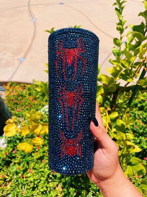 stainless steel simple modern tumbler 24 oz tumbler full rhinestone 2mm-4mm sip and straw lid included Processing time is likely faster than what is stated in the shipping information Halloween Rhinestone Tumbler, Tumblr Ideas Cups, Bedazzling Stuff, Rhinestone Projects Diy, Rhinestoned Things, Simple Modern Tumbler, Bedazzled Bottle, Spider Logo, Water Bottle Crafts