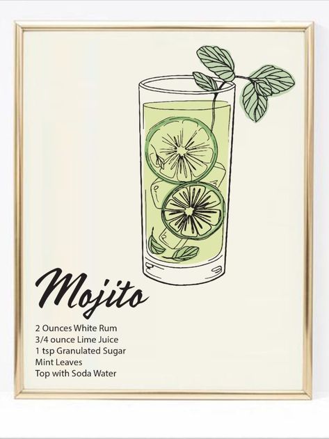 Mojito Poster, Art Signature, Bar Wall Art, Cocktail Illustration, Cocktail Poster, Cart Decor, Rum Cocktail, Bar Cart Decor, White Rum