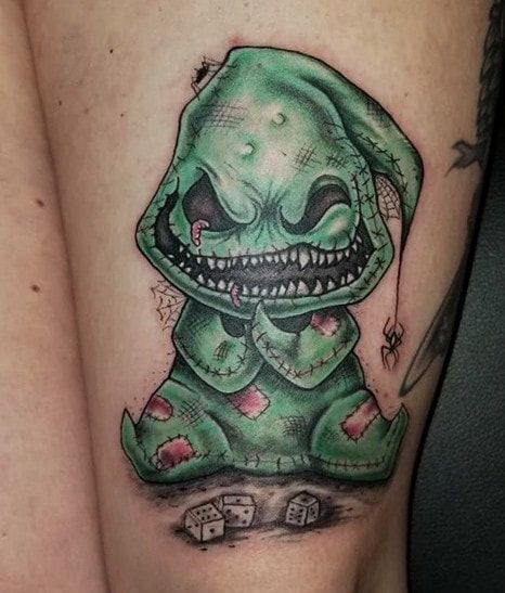 Oogie Boogie Tattoo, Tattoo Nightmares, Halloween Tattoos Sleeve, Tim Burton Tattoo, Nightmare Before Christmas Oogie Boogie, Nightmare Before Christmas Tattoo, Christmas Tattoo, Scary Tattoos, Handpoke Tattoo