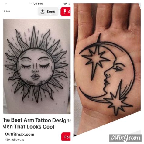 Pretty girly sun and moon tattoos with faces Tattoos With Faces, Sun And Moon Tattoo No Face, Moon Tattoo With Face, Sun And Moon Duality Tattoo, Sun And Moon Face Tattoo, Sun And Moon With Faces Tattoo, Scary Sun And Moon Tattoo, Sun With Face Tattoo, Moon With Face Tattoo