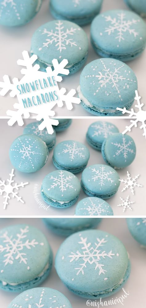 I created these fun snowflake macarons for my neighbors as a holiday gift. They were a hit! Check out my easy macaron tutorial on Youtube! :) Snowflake Macarons, Macarons Christmas, Macaron Decoration, French Macaroon Recipes, Christmas Macarons, Wreath Snowman, Macaroon Cookies, Macaron Flavors, Santa Claws