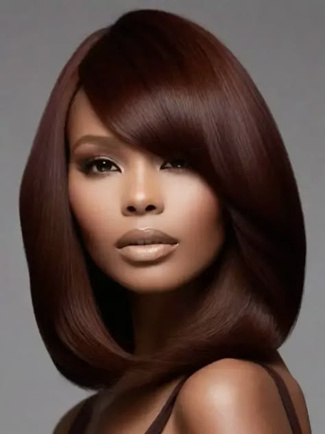 50 Winter Hair Color Ideas For Black Women Cognac Hair Color Black Women, Fall Hair Highlights For Black Women, Fall Colors 2024 Hair, Soft Auburn Hair Color On Black Women, Hair Color For Brown Skin Tone, Winter Hair Color For Black Women, Fall Wig Colors Black Women, Auburn Hair Color On Black Women, Blended Hair Color